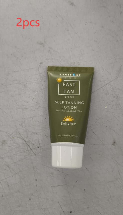 Tanning Cream Body Lotion in a tube, showing before and after results of self tanning on legs.