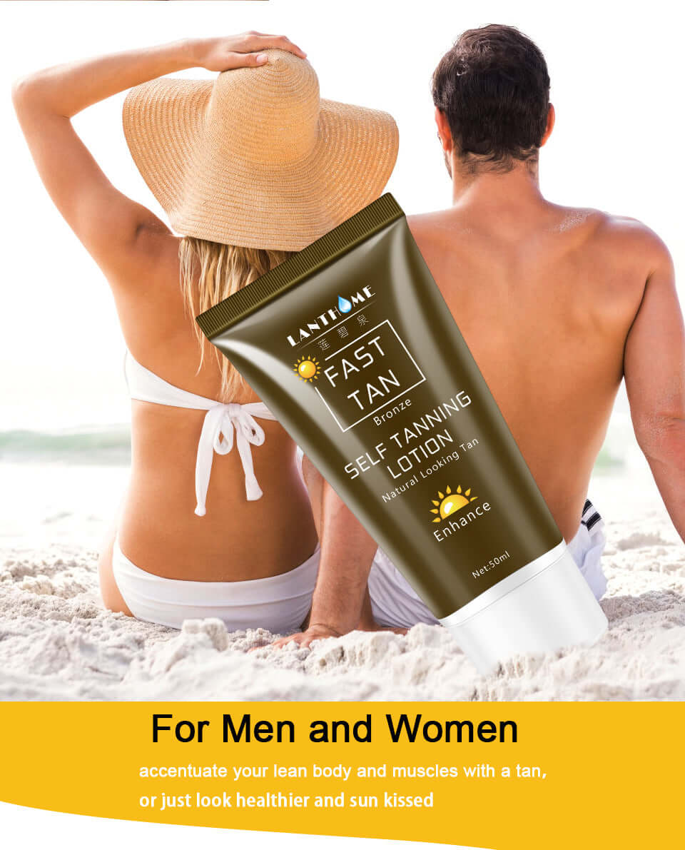 Tanning Cream Body Lotion in a tube, showing before and after results of self tanning on legs.
