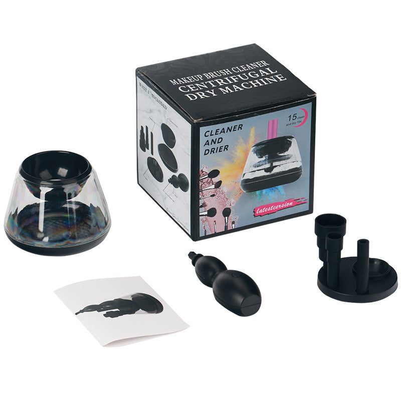 Electric Make-up Brush Cleaner shown with various brush sizes and utensils for efficient cleaning.