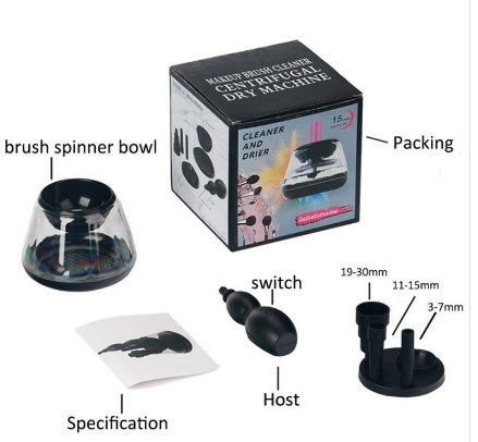 Electric Make-up Brush Cleaner shown with various brush sizes and utensils for efficient cleaning.