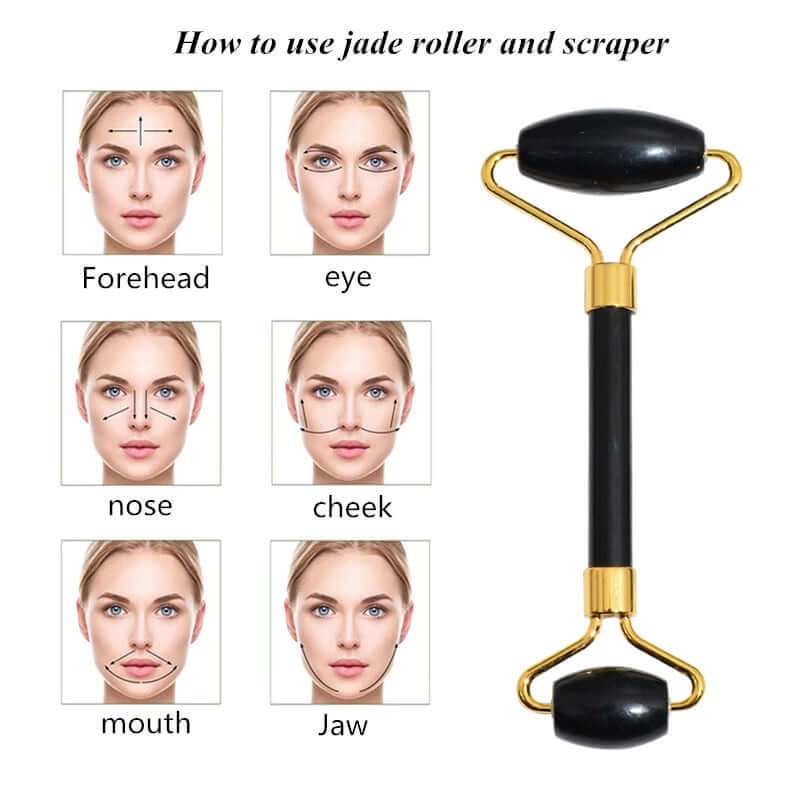 Beauty Face Care Massage Jade Device set including a jade roller and skincare tools in a box.