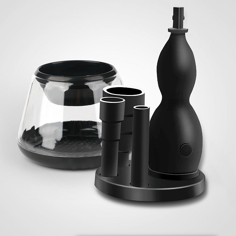 Electric Make-up Brush Cleaner shown with various brush sizes and utensils for efficient cleaning.