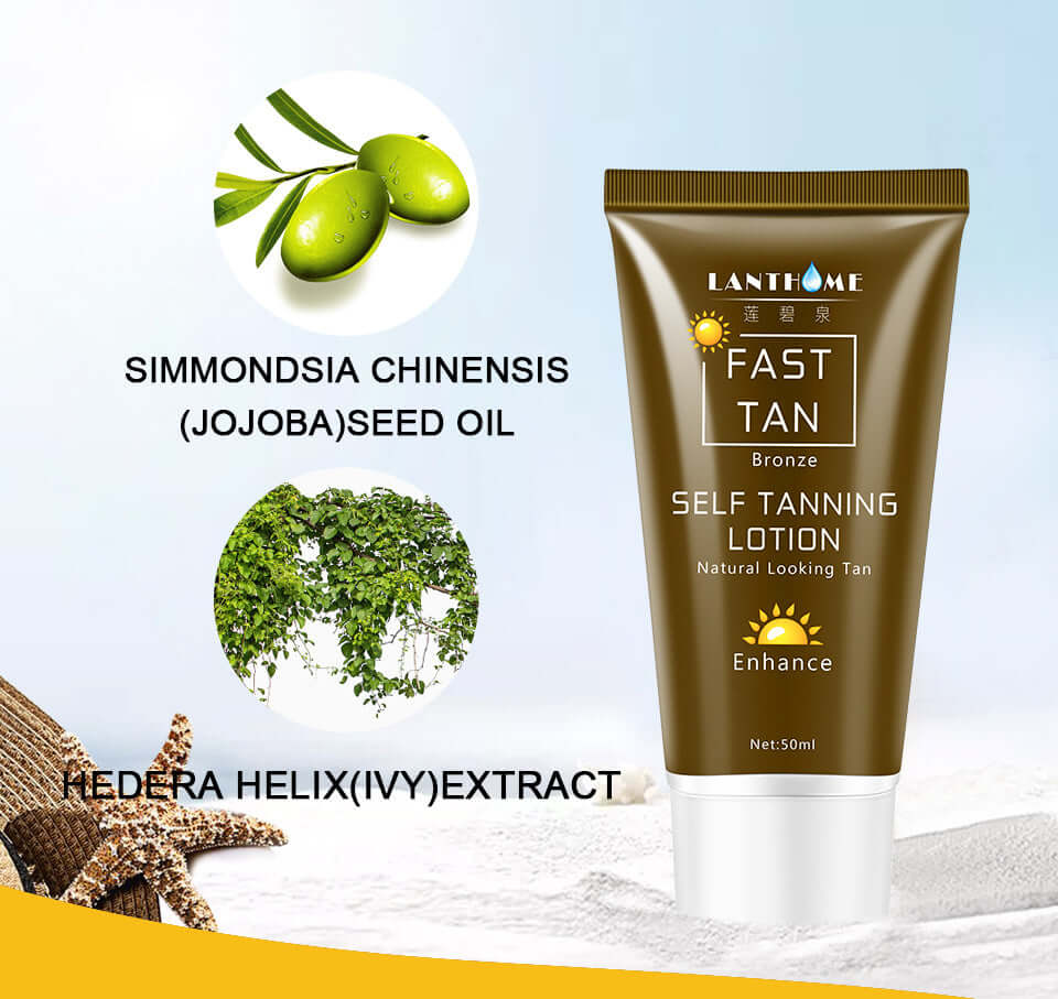 Tanning Cream Body Lotion in a tube, showing before and after results of self tanning on legs.