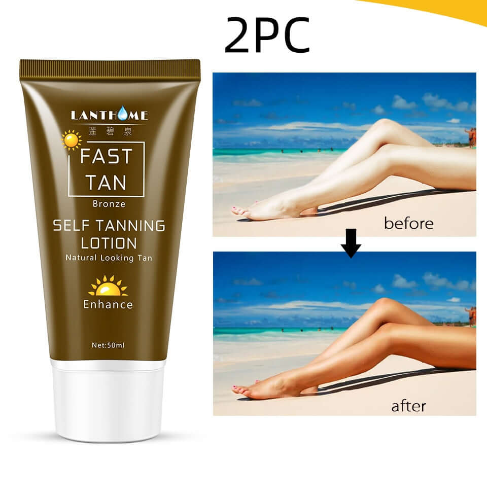 Tanning Cream Body Lotion in a tube, showing before and after results of self tanning on legs.