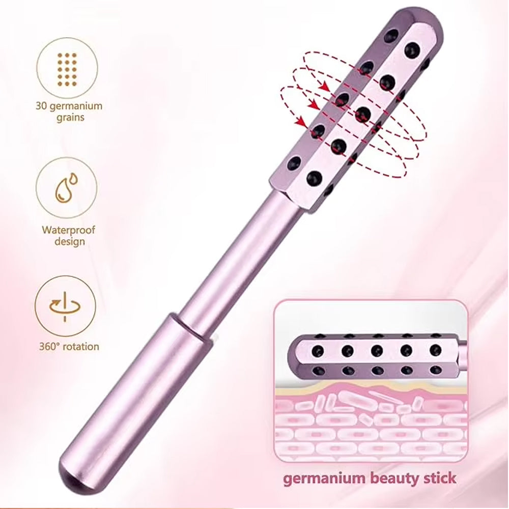30 Germanium Beauty Stick Massage in use on facial skin, highlighting its massaging stones functionality.