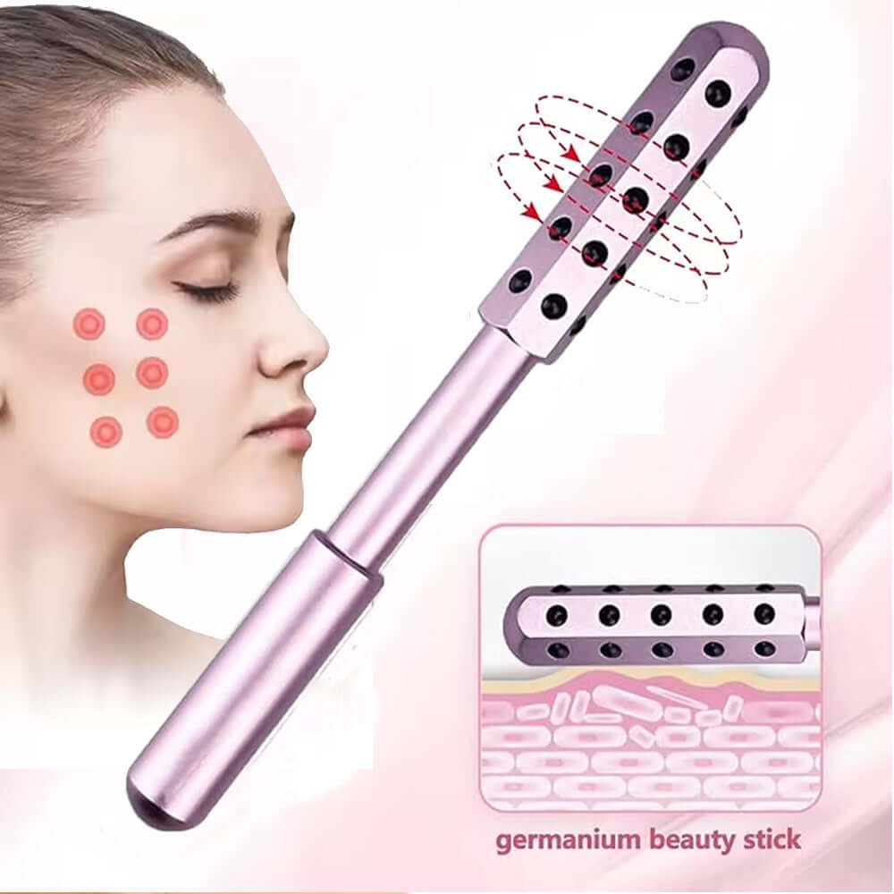 30 Germanium Beauty Stick Massage in use on facial skin, highlighting its massaging stones functionality.