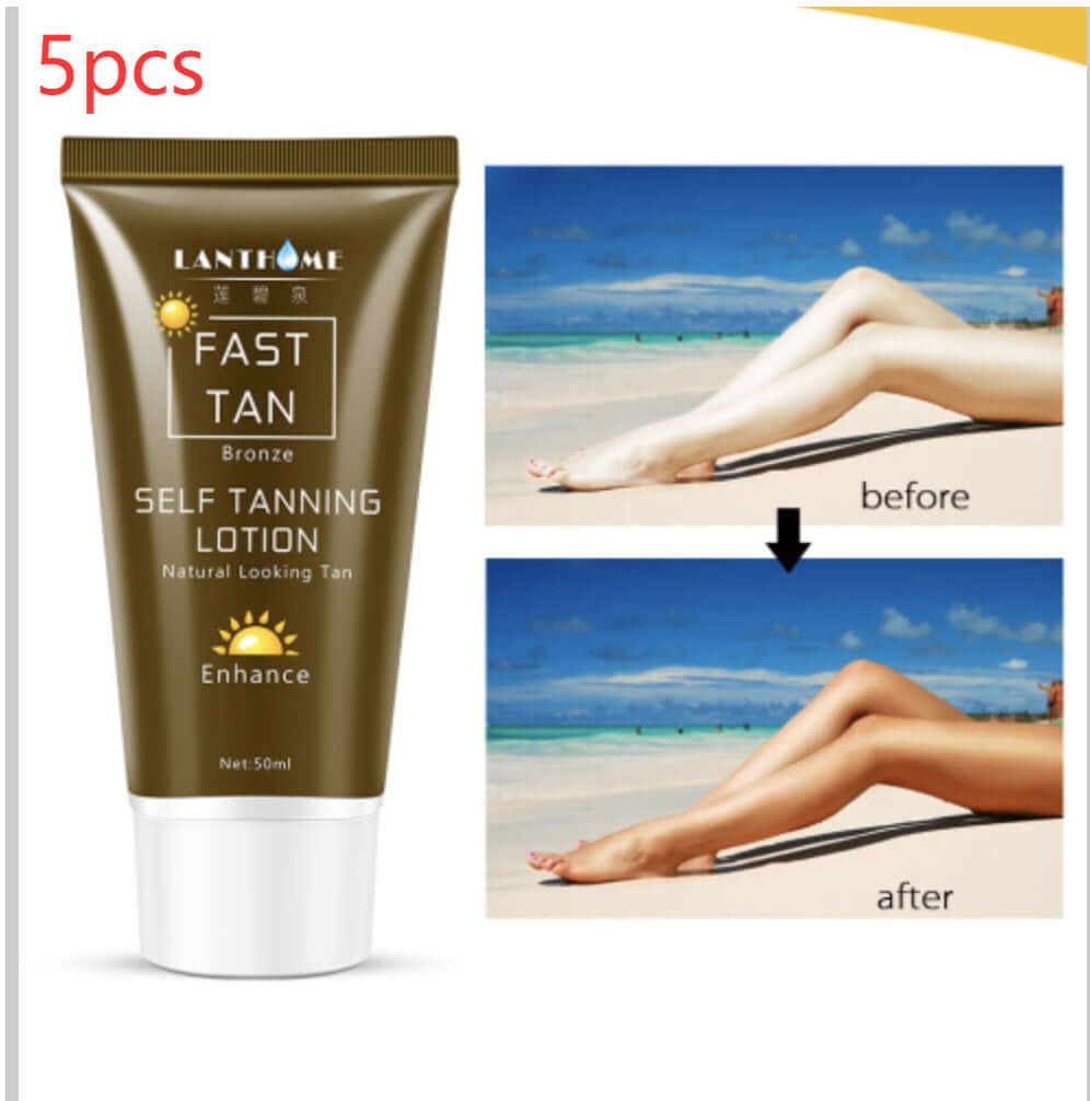 Tanning Cream Body Lotion in a tube, showing before and after results of self tanning on legs.
