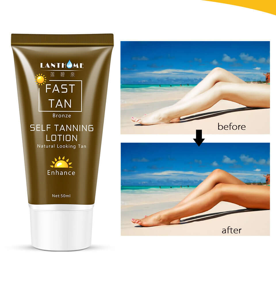 Tanning Cream Body Lotion in a tube, showing before and after results of self tanning on legs.
