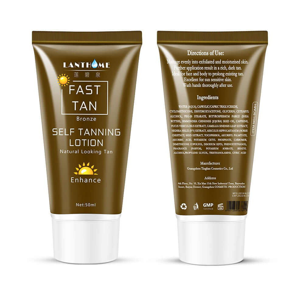 Tanning Cream Body Lotion in a tube, showing before and after results of self tanning on legs.