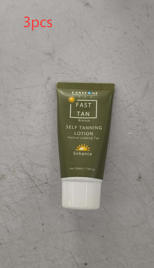 Tanning Cream Body Lotion in a tube, showing before and after results of self tanning on legs.