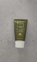 Tanning Cream Body Lotion in a tube, showing before and after results of self tanning on legs.